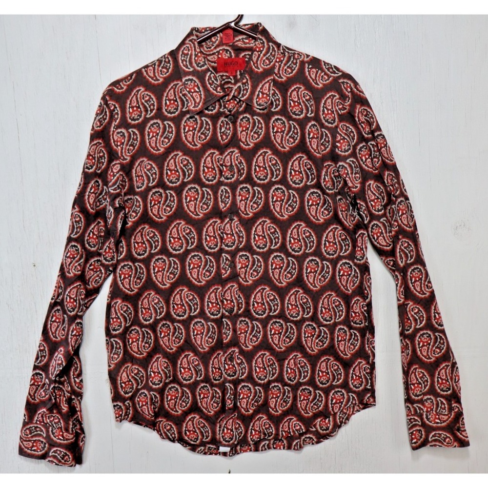 Mens Hugo Boss Dress Shirt Size L Button Up Front Red Brown Paisley Eric 2
